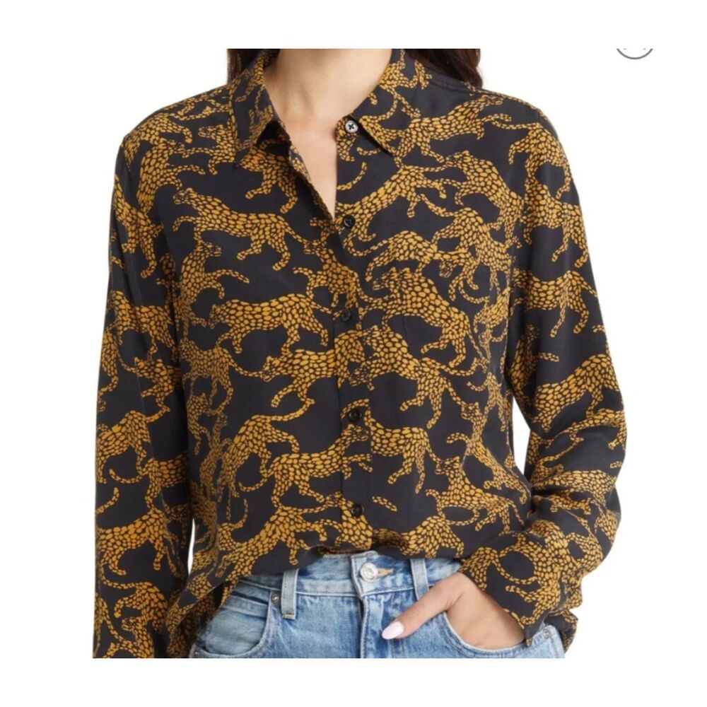Rails 100% Silk Kate Lynx Cheetah Cat Animal Print Long Sleeve Button Up Blouse